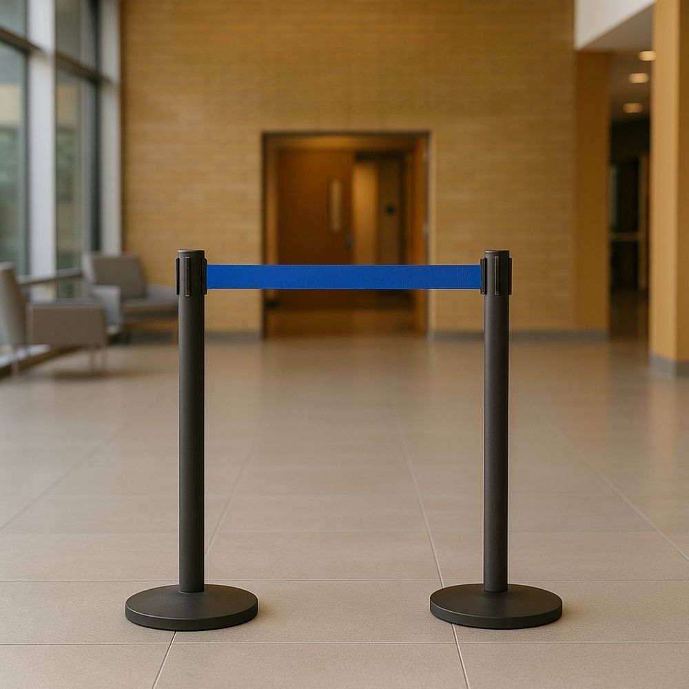 Two black retractable barrier posts with a blue belt, positioned in the middle of a modern building lobby with seating in the background.