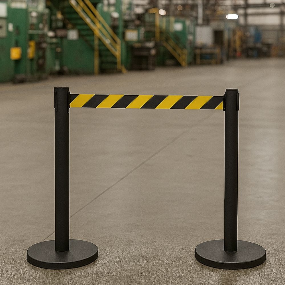 Two black retractable barrier posts with a yellow and black striped safety belt, placed on the floor of an industrial workshop.