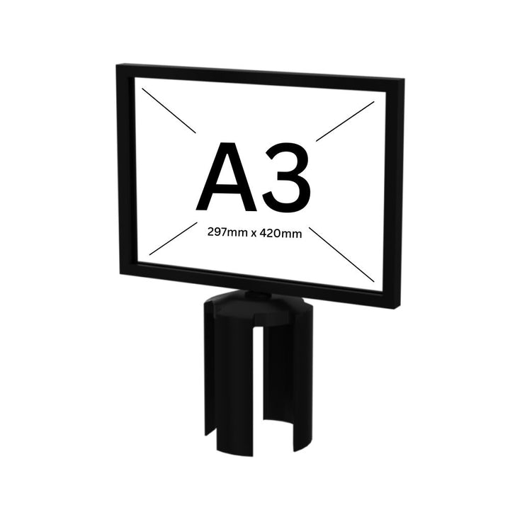 A black barrier sign holder with an A3-sized frame suitable for larger advertisements or promotional messages.