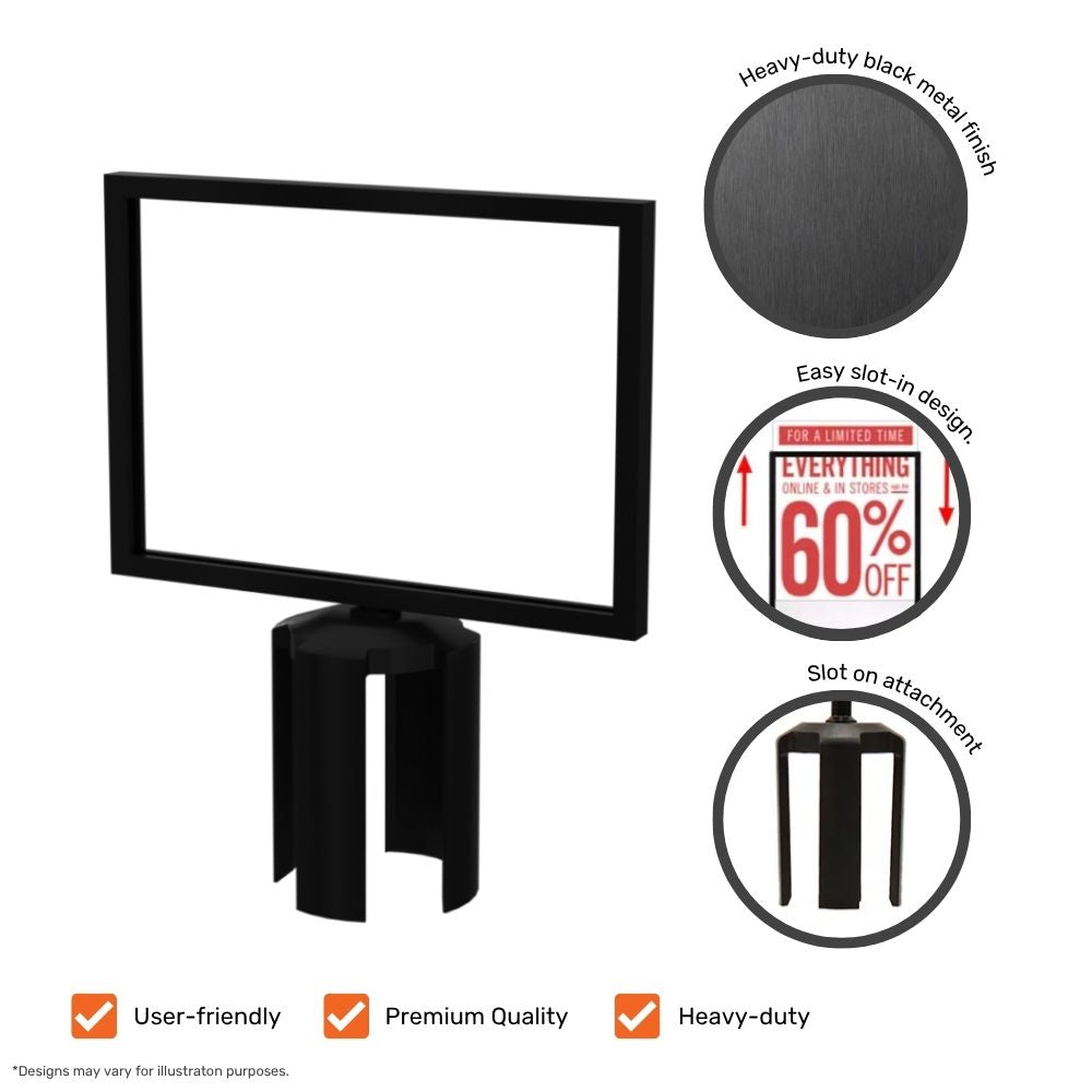  A black barrier sign holder showing product features such as heavy-duty metal finish, slot-in design, and promotional poster display.