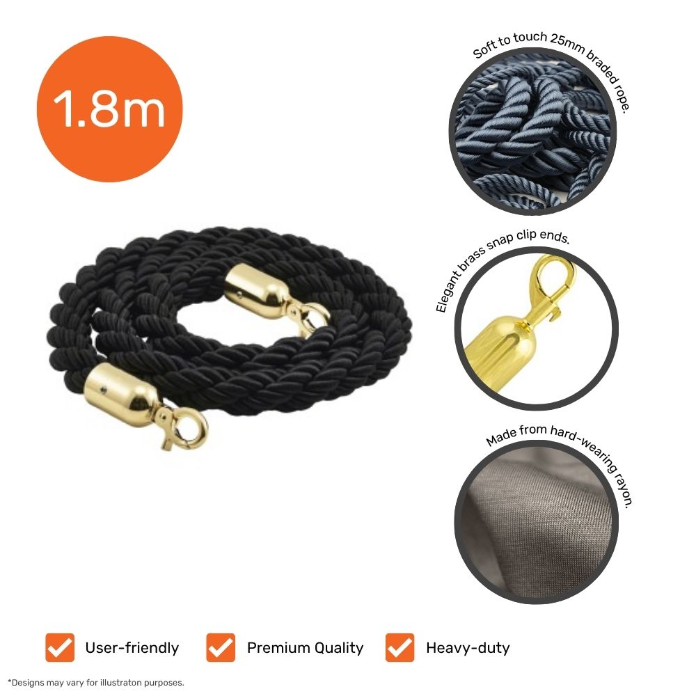 Black braided barrier rope, 1.8m long with gold clip ends, made from durable rayon and soft-touch 25mm braided rope.