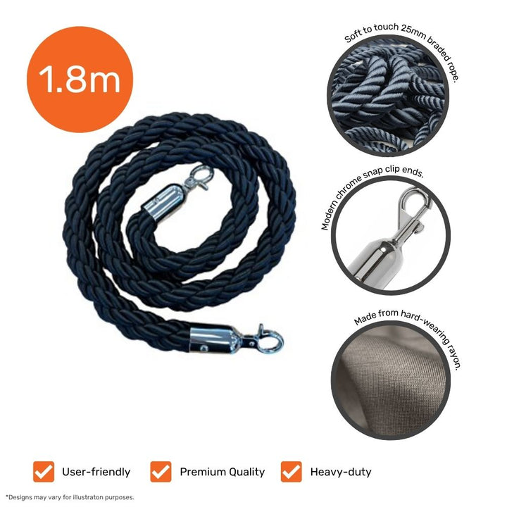Black braided barrier rope, 1.8m long with chrome clip ends, made from durable rayon and soft-touch 25mm rope.