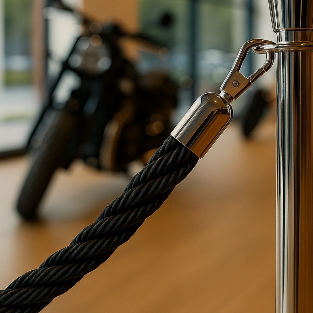 Close-up of a black braided barrier rope attached to a polished chrome stanchion, with a motorcycle blurred in the background.
