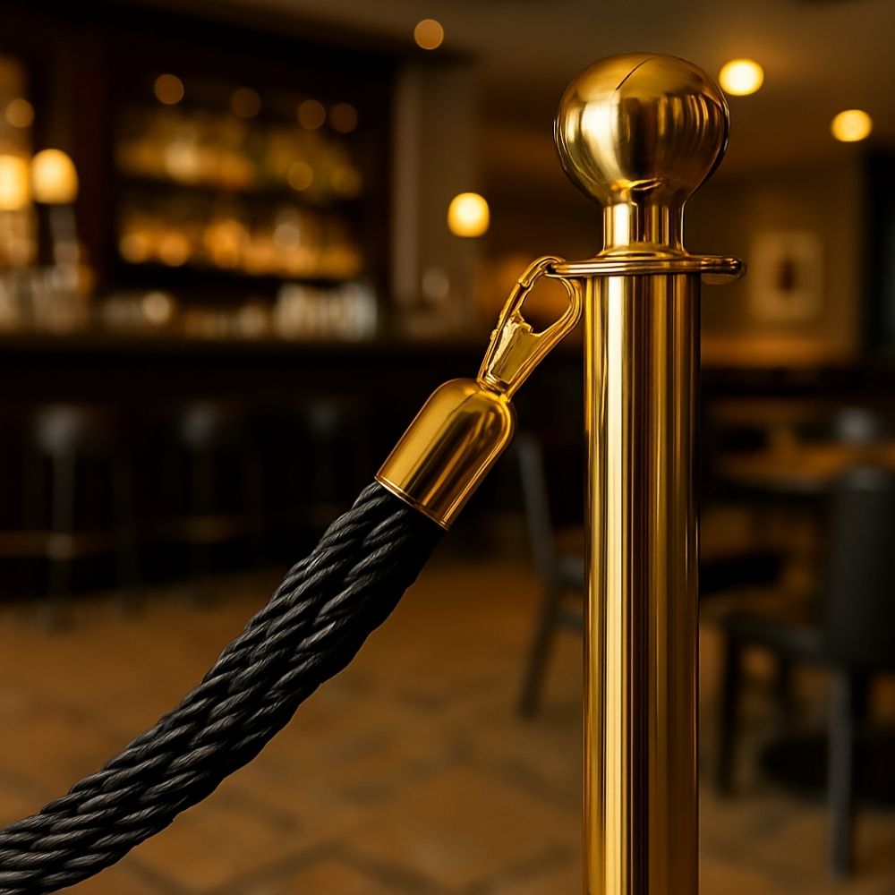 Close-up of a black braided barrier rope with gold snap clip ends attached to a polished gold stanchion, placed in an elegant bar setting.