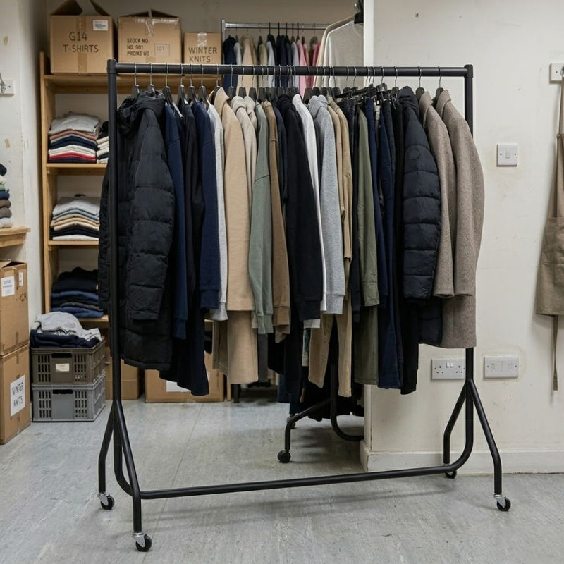 Black 5ft heavy duty clothes rail on castors fully loaded with coats and knitwear in a retail stockroom, demonstrating commercial garment capacity.
