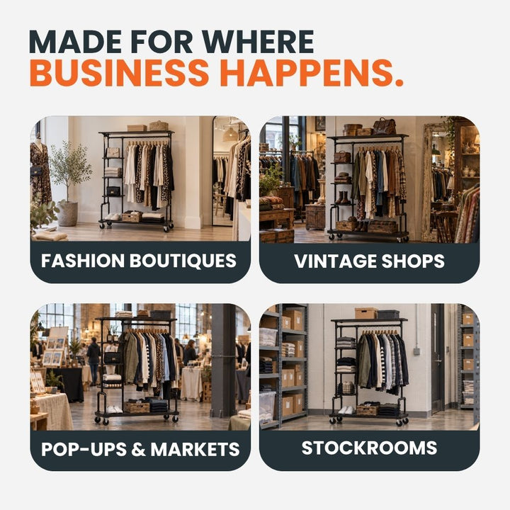 Black clothes rail with integrated shelving pictured in fashion boutiques, vintage shops, pop-up markets and commercial stockrooms.