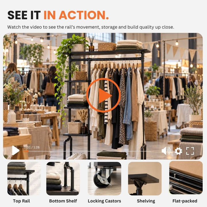 Video preview of the black clothes rail displaying its hanging bar, storage shelves, locking castors, frame construction and flat-packed components