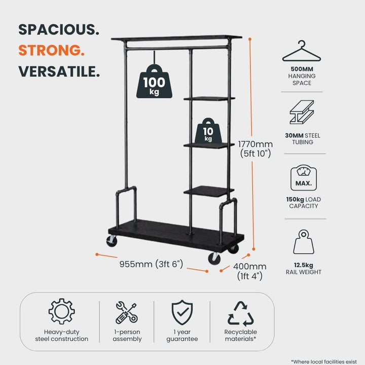 Product specification graphic for a black clothes rail with three side shelves, castors, 820 mm hanging space, 30 mm steel tubing and 150 kg maximum load capacity.