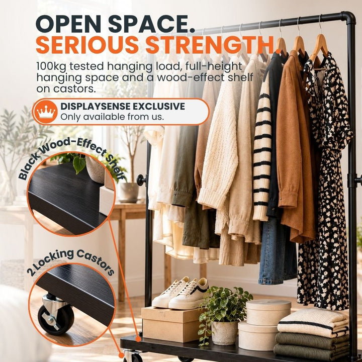 Full-height hanging rail loaded with garments above a black wood-effect storage shelf, with two locking castors highlighted in close-up.