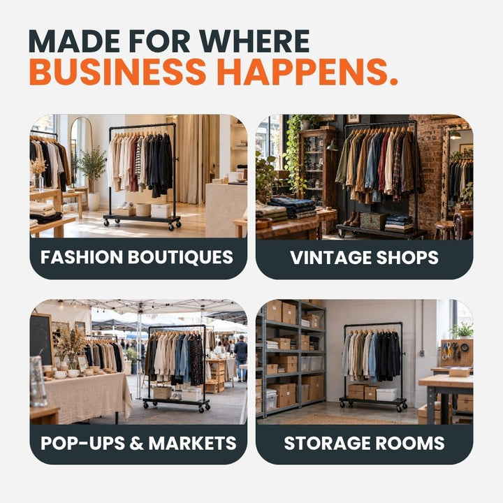 Black heavy duty clothes rail pictured in fashion boutiques, vintage shops, pop-up markets and stockroom environments.