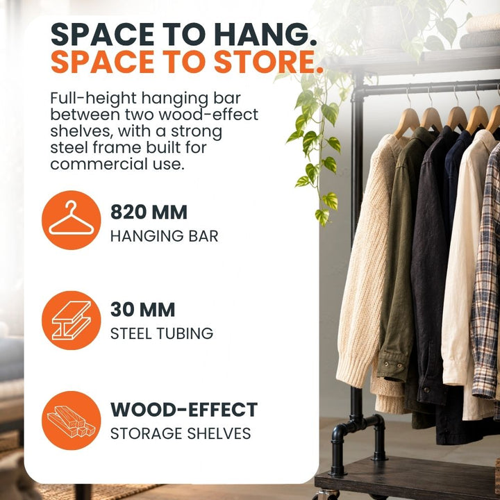 Displaysense exclusive garment rail combining full-height hanging space with five black wood-effect storage shelves and two locking castors.