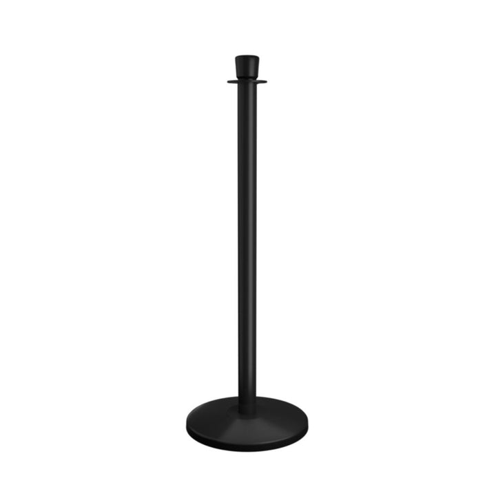 Single black matte crown top rope barrier stanchion post, 990mm high on a 355mm anti-trip base, for retail, corporate reception and government building queuing.

