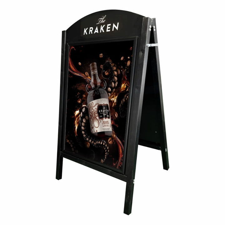This A1 black curved wooden pavement sign combines a traditional chalkboard with a modern snap frame, offering a flexible and professional signage solution for businesses.
