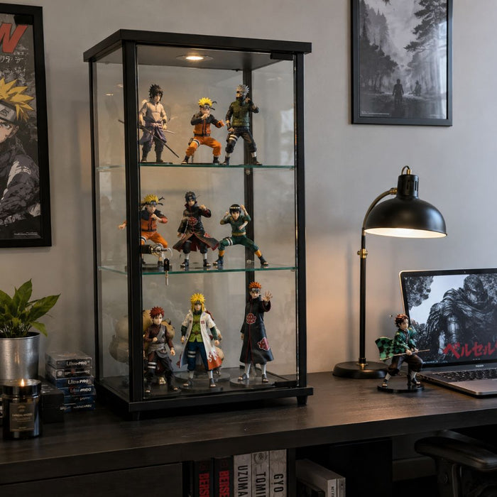 Anime figure collection arranged under LED spotlights on adjustable shelves