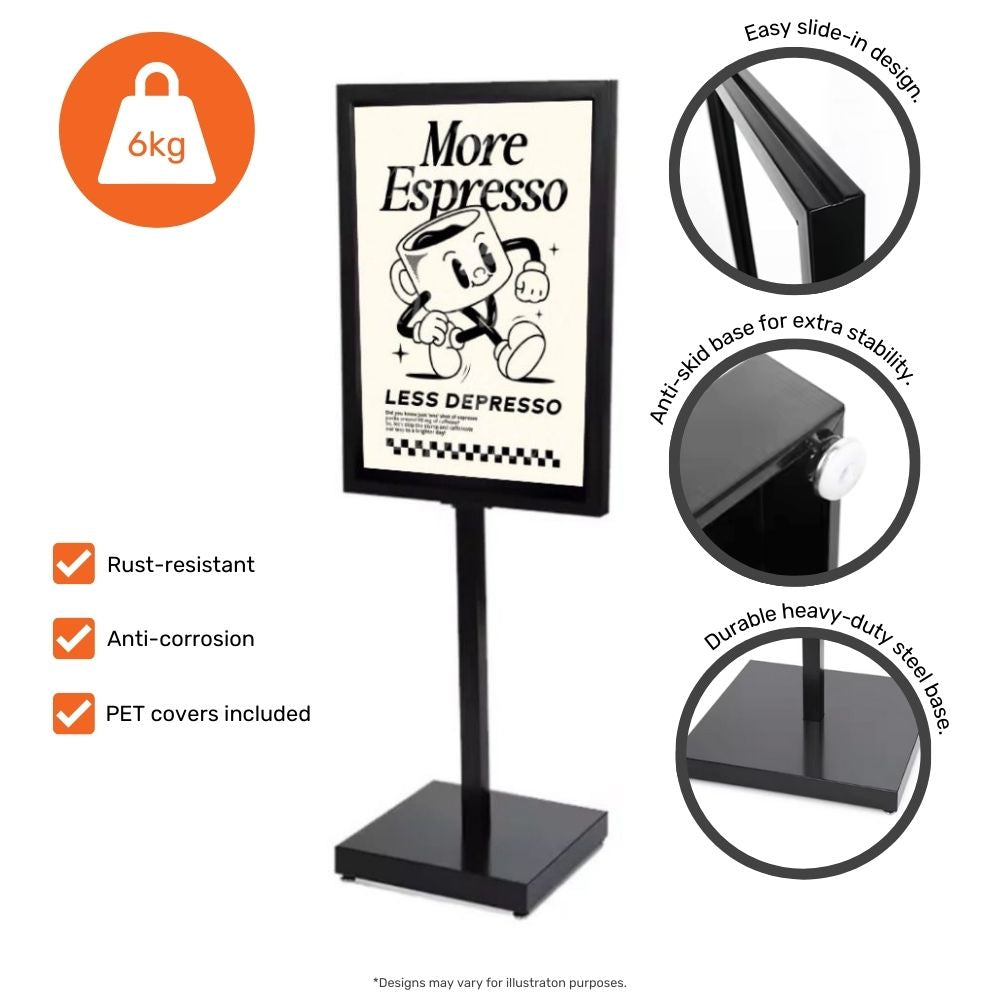Durable double-sided A1 information board with a black frame and robust steel base, designed for professional displays.

