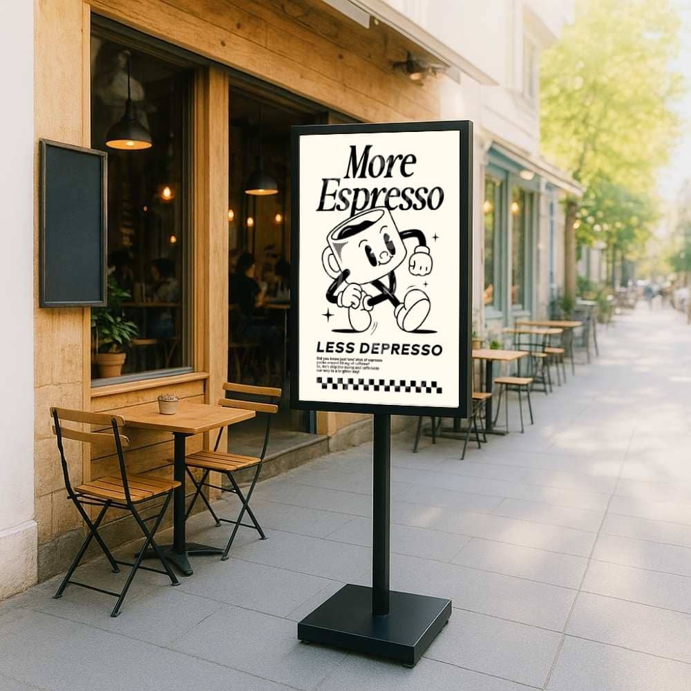 Premium black A1 info board – double-sided steel poster stand with heavy-duty base for high-traffic areas