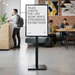 Premium black A1 info board – double-sided steel poster stand with heavy-duty base for high-traffic areas