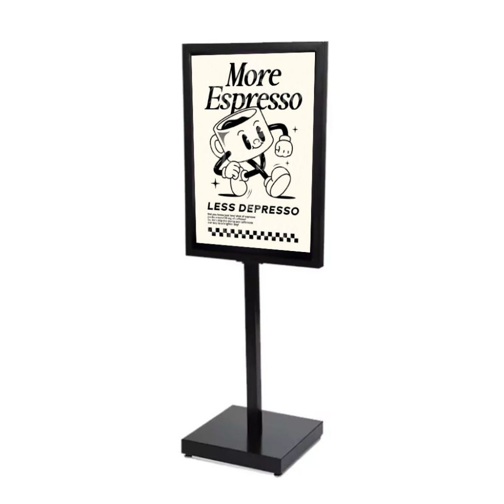 Sturdy A1 black poster display stand with a double-sided info board and heavy-duty steel base, perfect for promotions and notices.
