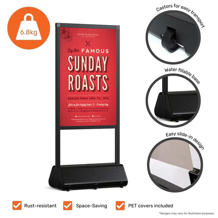Black A1 forecourt sign – sleek wind-resistant pavement display with refillable water base