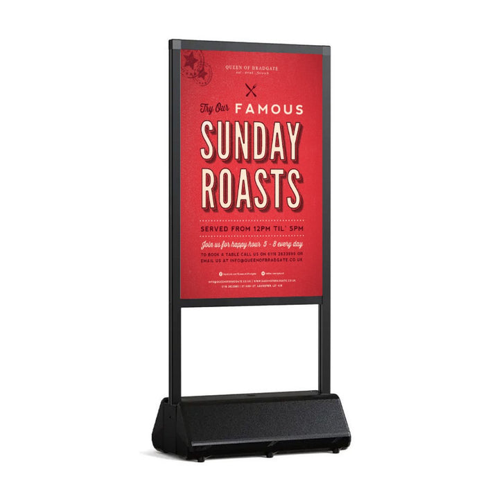 Outdoor black A1 sign – slim double-sided display with water-filled base for windy conditions