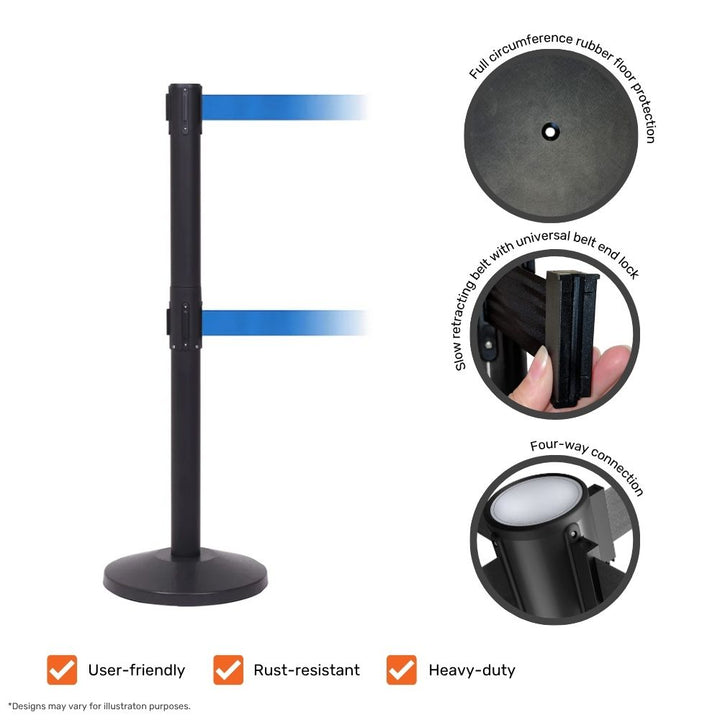 Black dual-belt barrier post with blue webbing showcasing key product features such as rubber floor protection, belt end lock, and four-way connection.