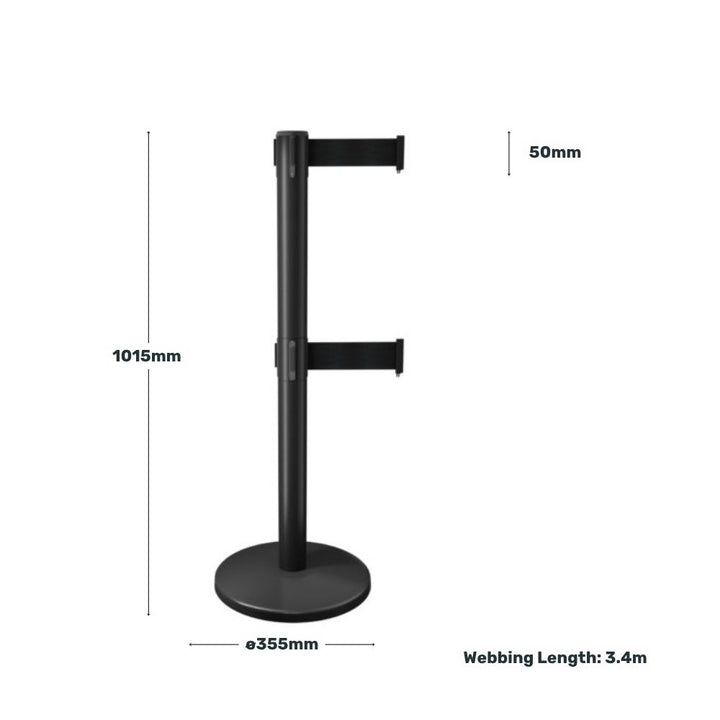Black dual-belt retractable barrier post with measurement details for height, base diameter, belt width, and webbing length.