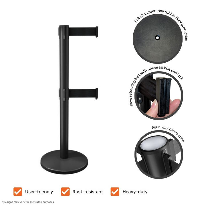 Black dual-belt retractable barrier post showing key features including rubber floor protection, universal belt end lock, and four-way connection.