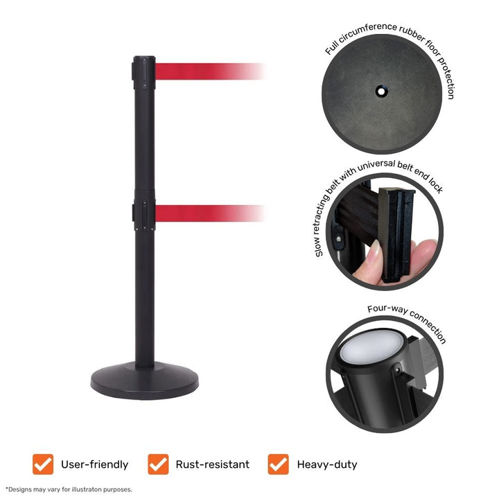 Black dual-belt barrier post showcasing product features including belt end lock, rubber floor protection, and four-way connection.
