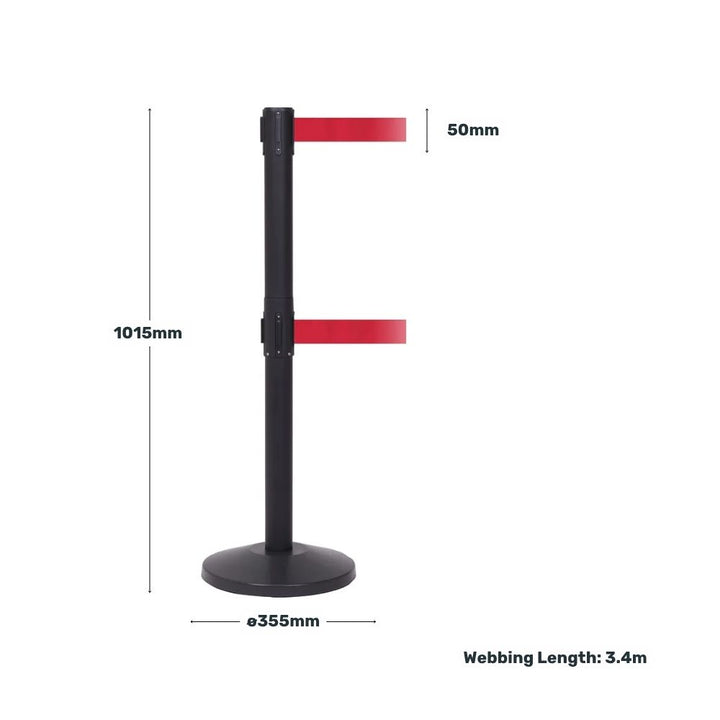 Black dual-belt retractable barrier post with red webbing displaying measurements for height, belt width, base diameter, and webbing length.