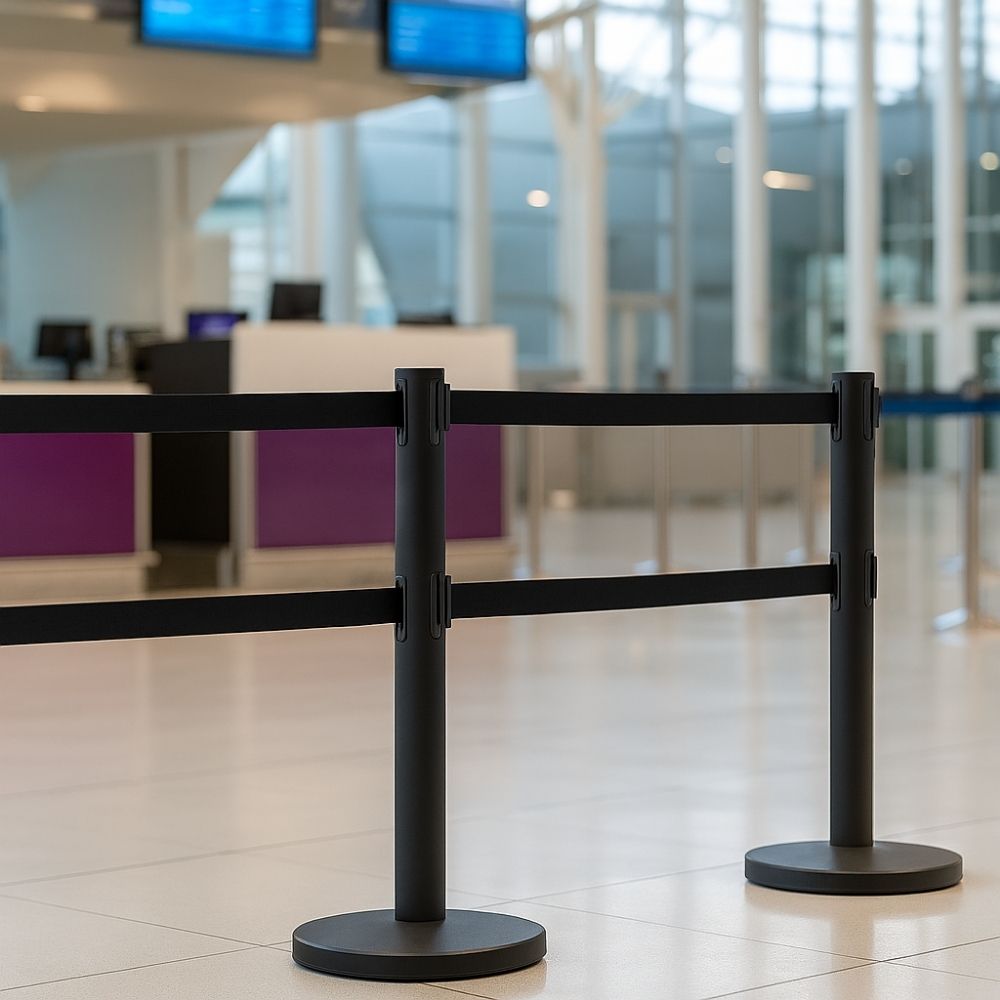 Two black dual-belt retractable barrier posts positioned in an airport check-in area with counters and flight information screens in the background.