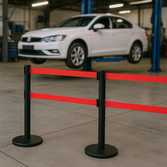 Black Steel Retractable Barrier - Twin 3.4m Red Belt