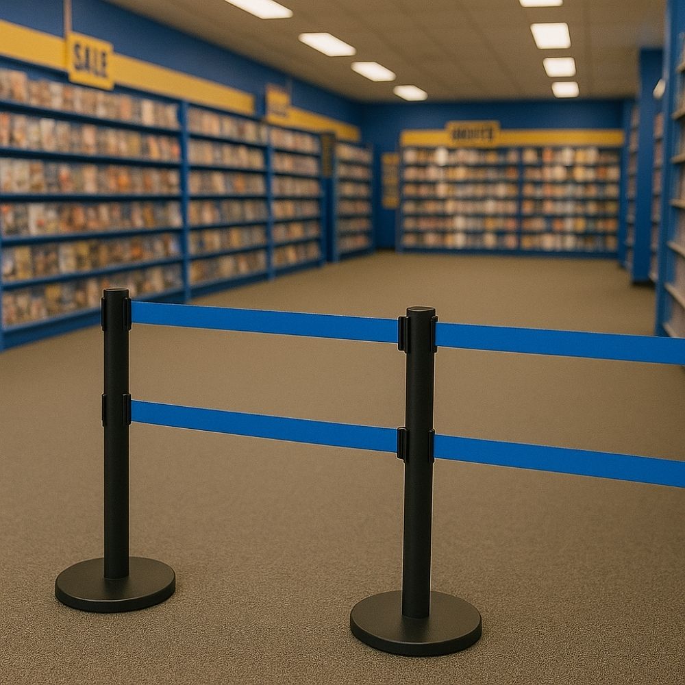 Black dual-belt retractable barriers with blue webbing positioned inside a retail store with shelves of products and sale signage in the background.