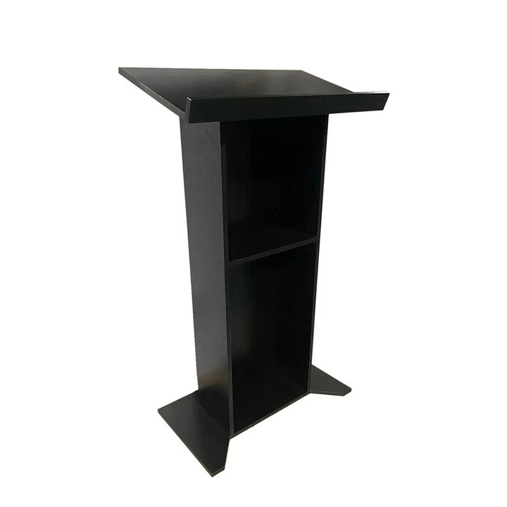 Three-quarter angled cut-out of a black floor-standing lectern with an internal shelf compartment and flat cross-foot base, on white.
