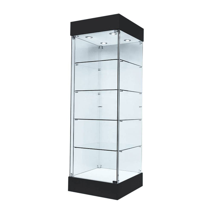 Freestanding frameless glass display cabinet with LED-lit black wooden top, four glass shelves and a lockable door for museum and gallery collections.
