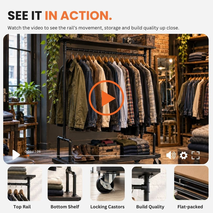 Video preview of the black garment rail supported by close-ups of its top rail, bottom shelf, locking castor, frame construction and flat-packed components.
