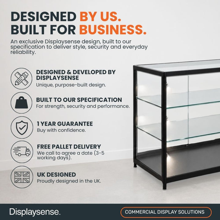 Black glass counter display cabinet with information highlighting Displaysense design, commercial-grade construction, one-year guarantee, free pallet delivery and UK design.