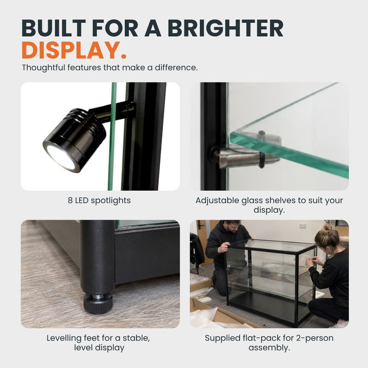 Black glass counter display cabinet feature guide showing LED spotlights, adjustable glass shelves, levelling feet and flat-pack two-person assembly.