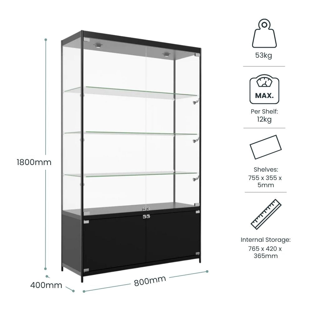 Black aluminium and glass display cabinet with LED lighting and lockable storage
