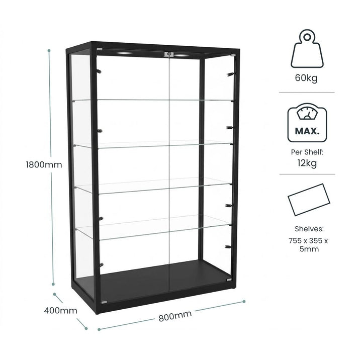 Dimension diagram for a black 800mm glass display cabinet: 1800mm high, 800mm wide, 400mm deep, 60kg, shelves 755 x 355mm at 12kg per shelf max.
