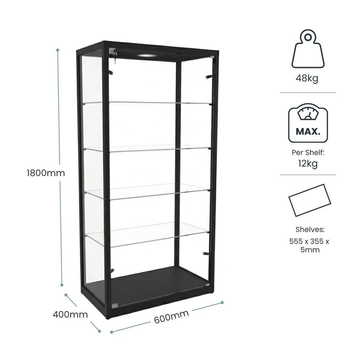 Dimension diagram of a black glass display cabinet, 1800mm tall by 600mm wide and 400mm deep, with a key lock and four 555 x 355mm glass shelves rated to 12kg each.
