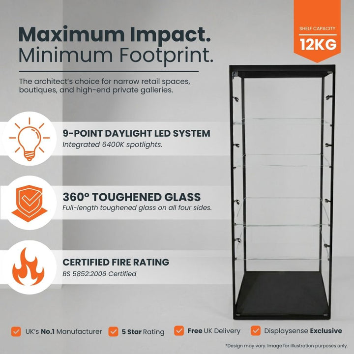 Feature panel for the 400mm black glass cabinet: 9-point 6400K daylight LEDs, 360° toughened glass on all four sides and BS 5852:2006 fire certification.
