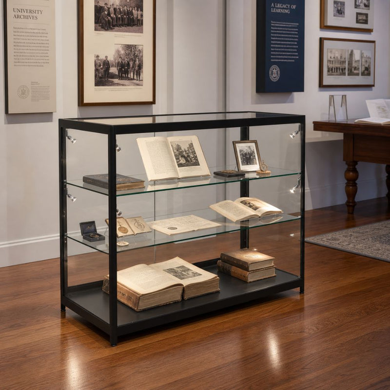 Black glass counter display cabinet holding antique books, manuscripts, medals and historic photographs across three tiers in a university archive reading room.
