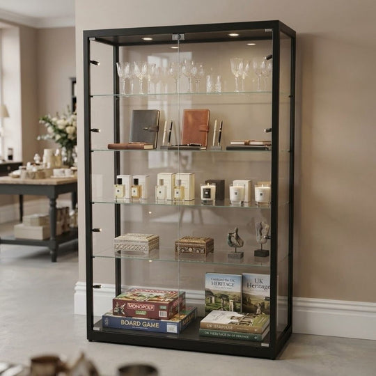Black Aluminium Glass Display Cabinet Lockable with 4 Adjustable Shelves & 10 LED Lights 1800mm High x 1000mm Wide