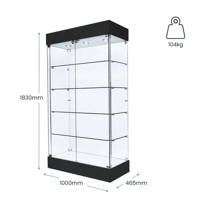 Black glass display cabinet with multiple shelves, 1830mm height and 1000mm width, suitable for retail or exhibition use.