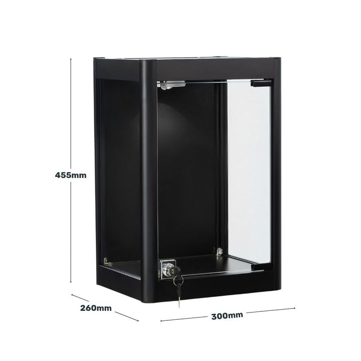 A black glass display case with 455mm height, 300mm width, and 260mm depth, complete with lock and spotlight.