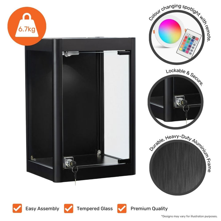 A black glass display case with labelled features including colour-changing spotlight, lockable door, and durable aluminium frame.
