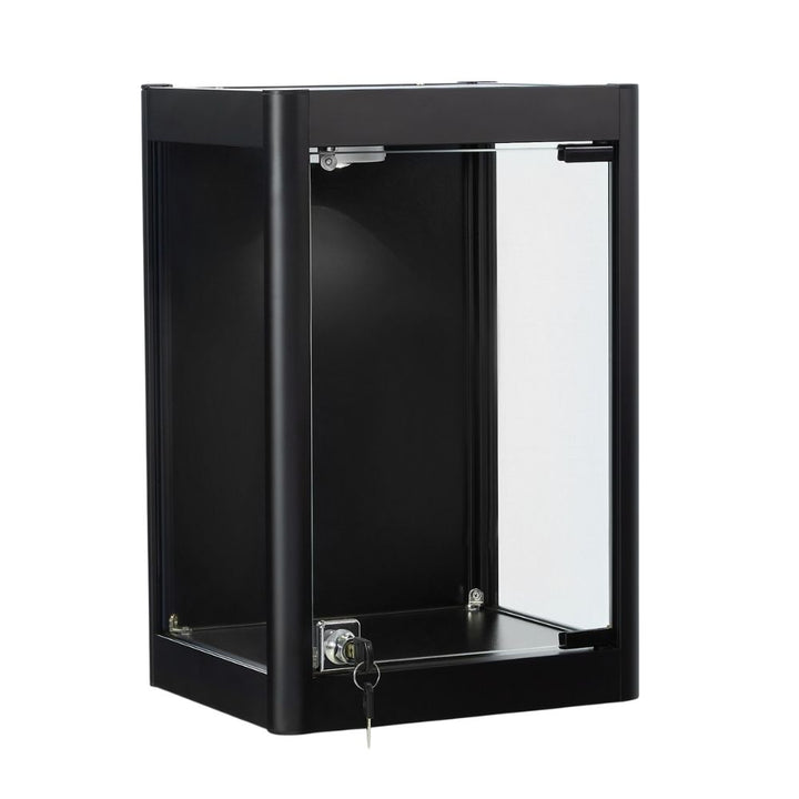 A black tempered glass display case with a spotlight and secure lock, suitable for jewellery and collectible displays.