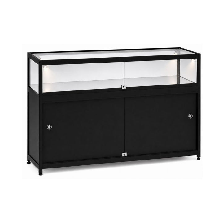 black-glass-retail-display-counter-with-lockable-storage-cupboards-and-illuminated-display-section