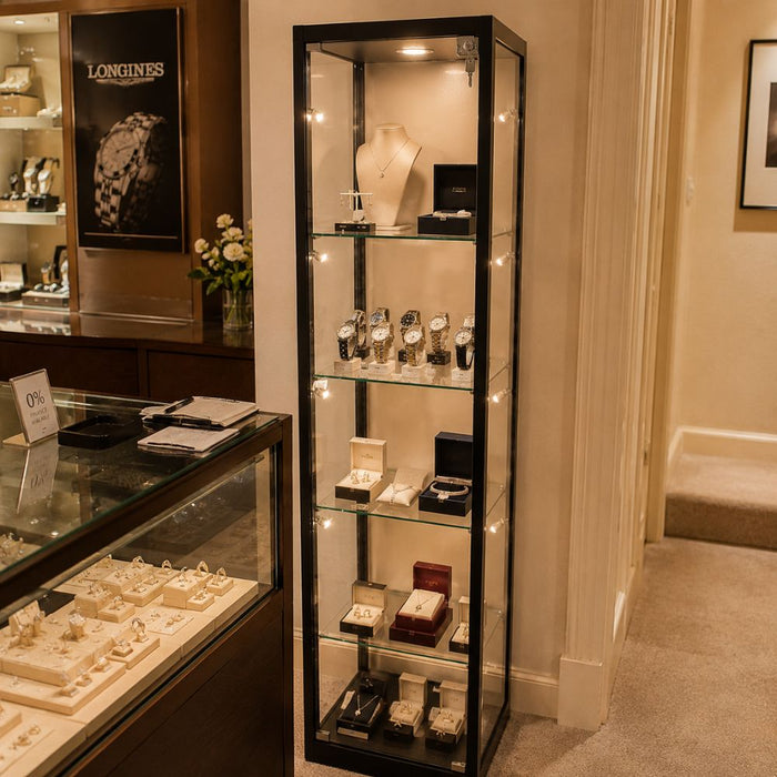 Black glass jewellery display cabinet showcasing Rolex, Omega and Breitling watches in a boutique-style retail display