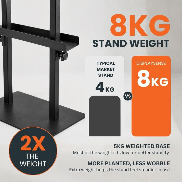 Black heavy-duty adjustable poster display stand with 8kg total weight and weighted base for improved stability.
